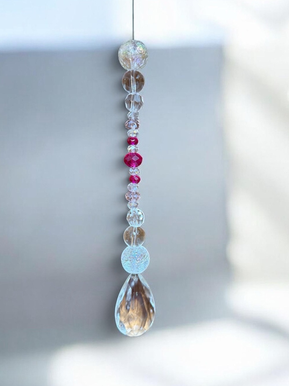 Crystal Prism Sun Catcher - Clear and Pink Beaded Hanging Accent